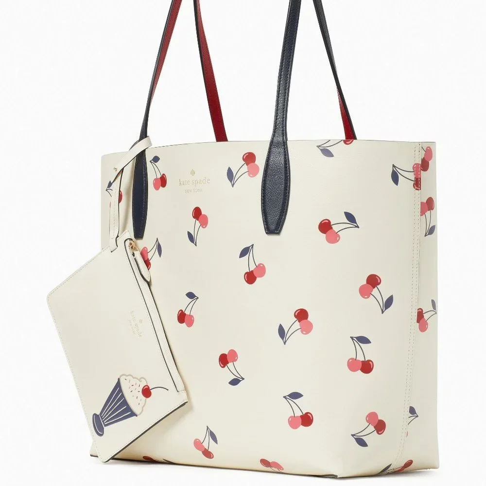 New Kate Spade Bing Large Reversible Tote with Pouch Dancing Cherries Cream